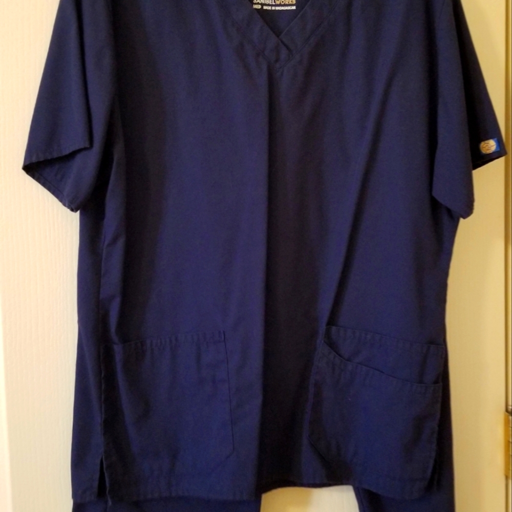Navy scrubs, top and bottom.